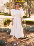 Elegant Bateau A Line Satin Knee-length Wedding Dress - Curvevia