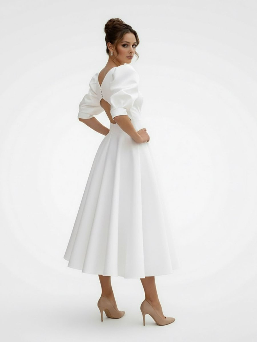 Elegant Bateau A Line Satin Knee-length Wedding Dress - Curvevia