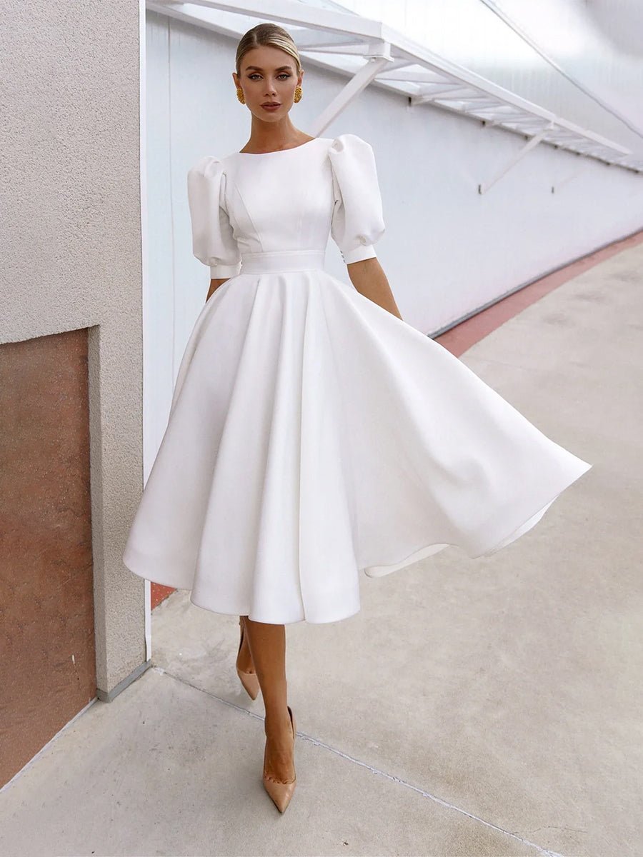 Elegant Bateau A Line Satin Knee-length Wedding Dress - Curvevia