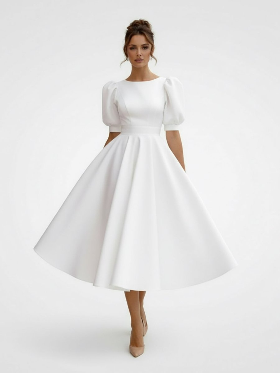 Elegant Bateau A Line Satin Knee-length Wedding Dress - Curvevia