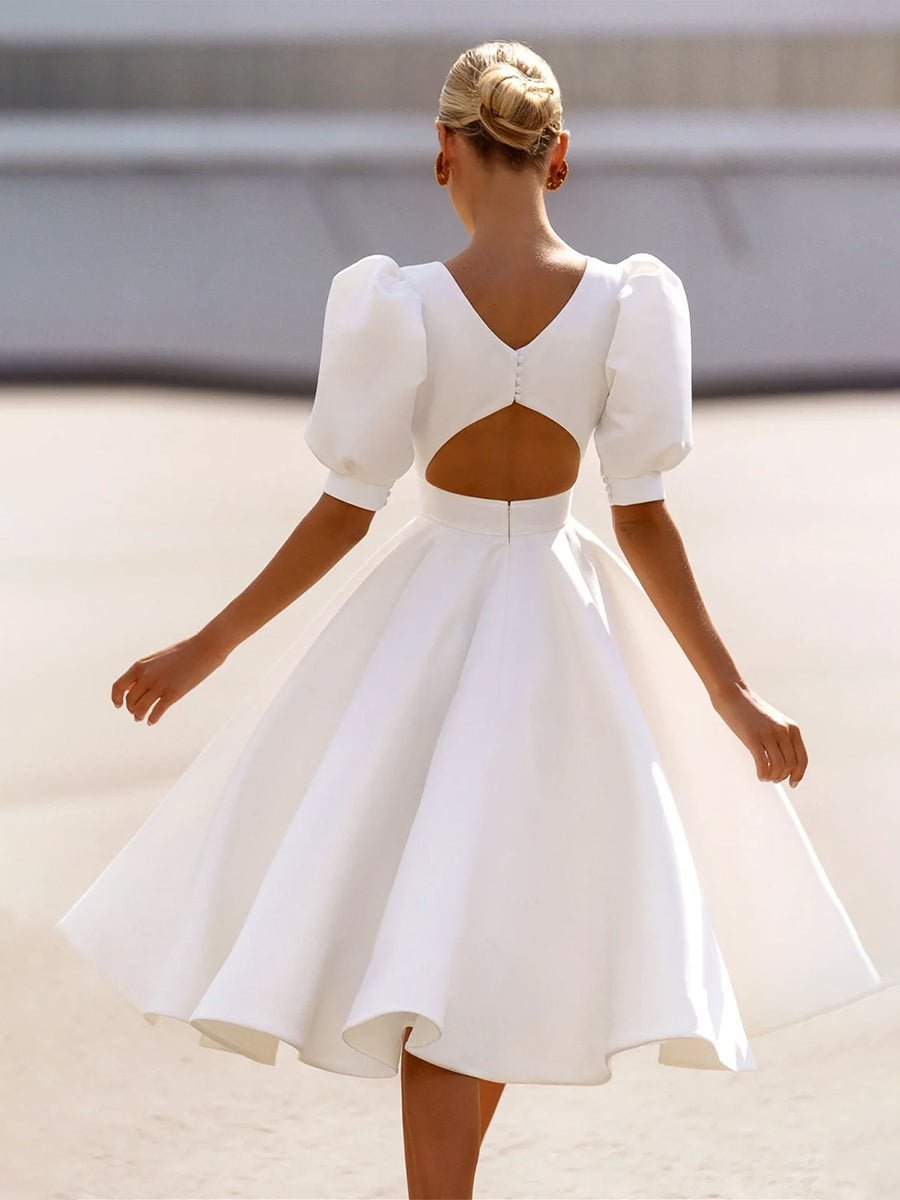 Elegant Bateau A Line Satin Knee-length Wedding Dress - Curvevia