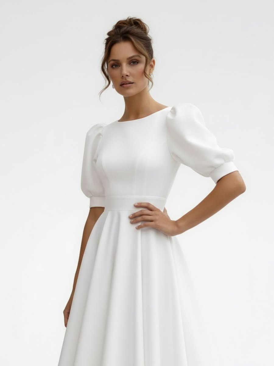Elegant Bateau A Line Satin Knee-length Wedding Dress - Curvevia