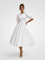 Elegant Bateau A Line Satin Knee-length Wedding Dress - Curvevia