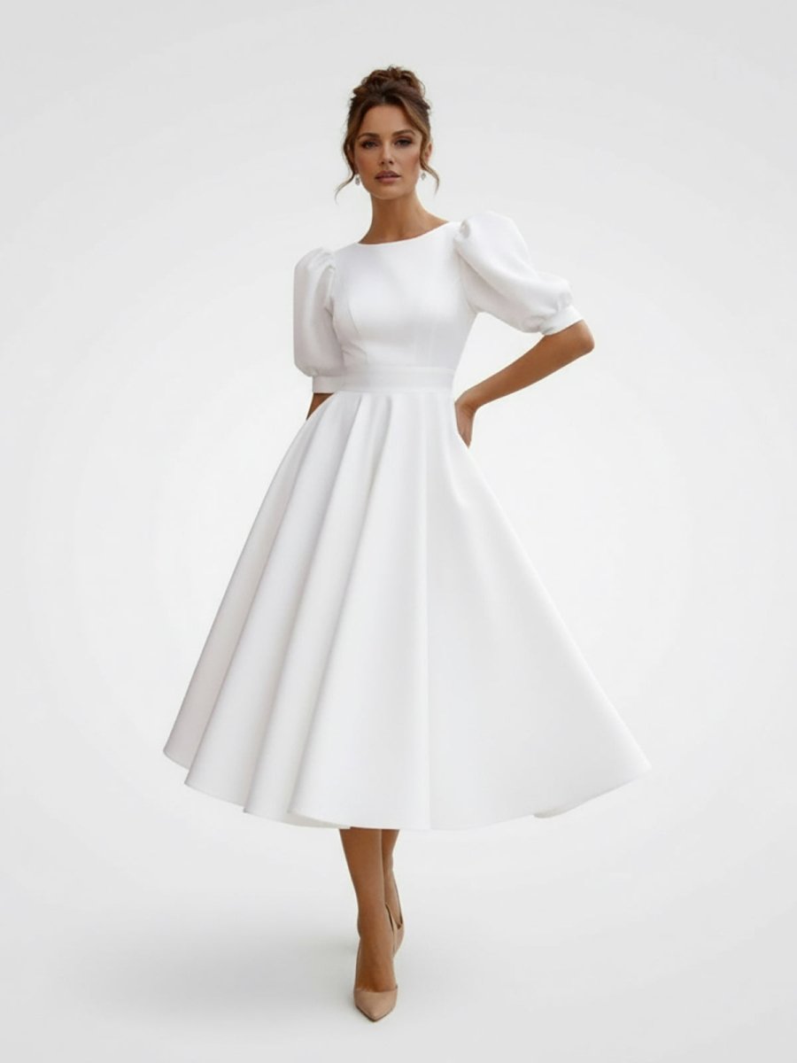 Elegant Bateau A Line Satin Knee-length Wedding Dress - Curvevia