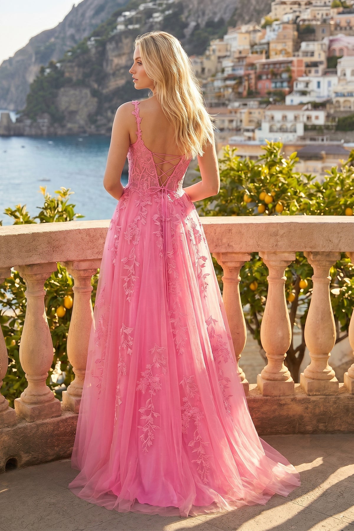 A-line V Neck Lace Tulle Evening Dress With Slit - Curvevia