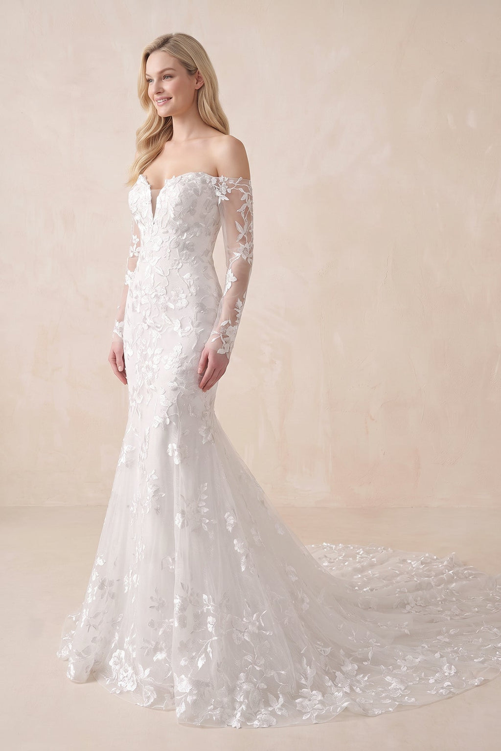 Elegant Mermaid Long Sleeve Off the Shoulder Lace Wedding Dress - Curvevia
