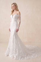 Elegant Mermaid Long Sleeve Off the Shoulder Lace Wedding Dress - Curvevia