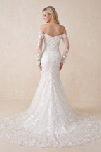 Elegant Mermaid Long Sleeve Off the Shoulder Lace Wedding Dress - Curvevia