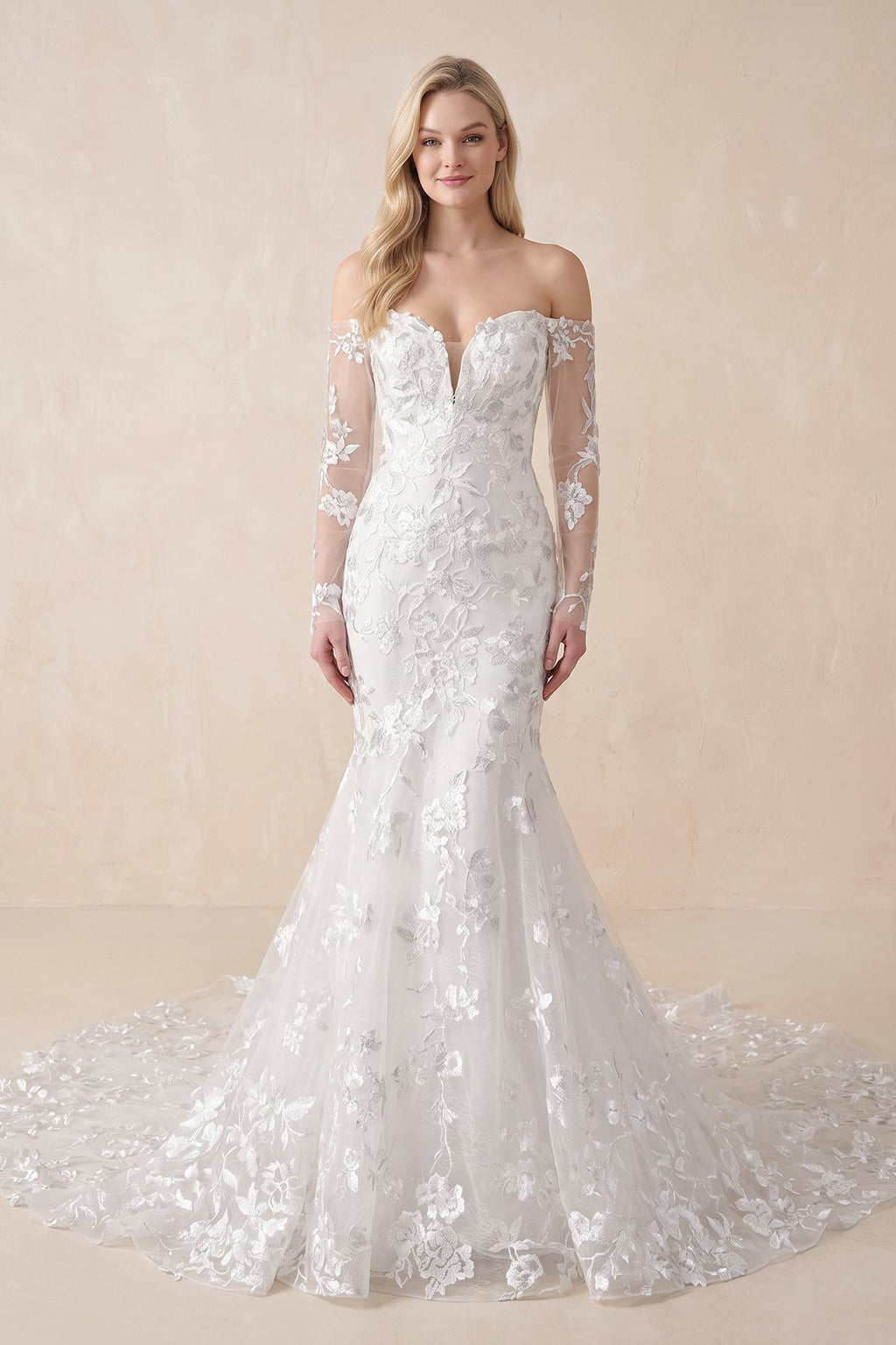 Elegant Mermaid Long Sleeve Off the Shoulder Lace Wedding Dress - Curvevia