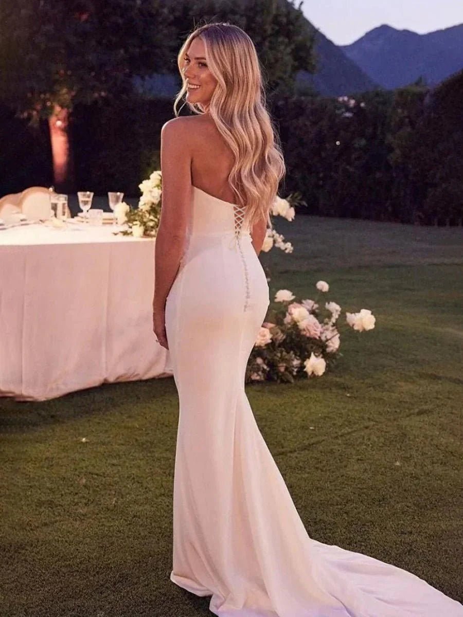 Elegant Mermaid Strapless Elastic Satin Wedding Dresses with Train - Curvevia