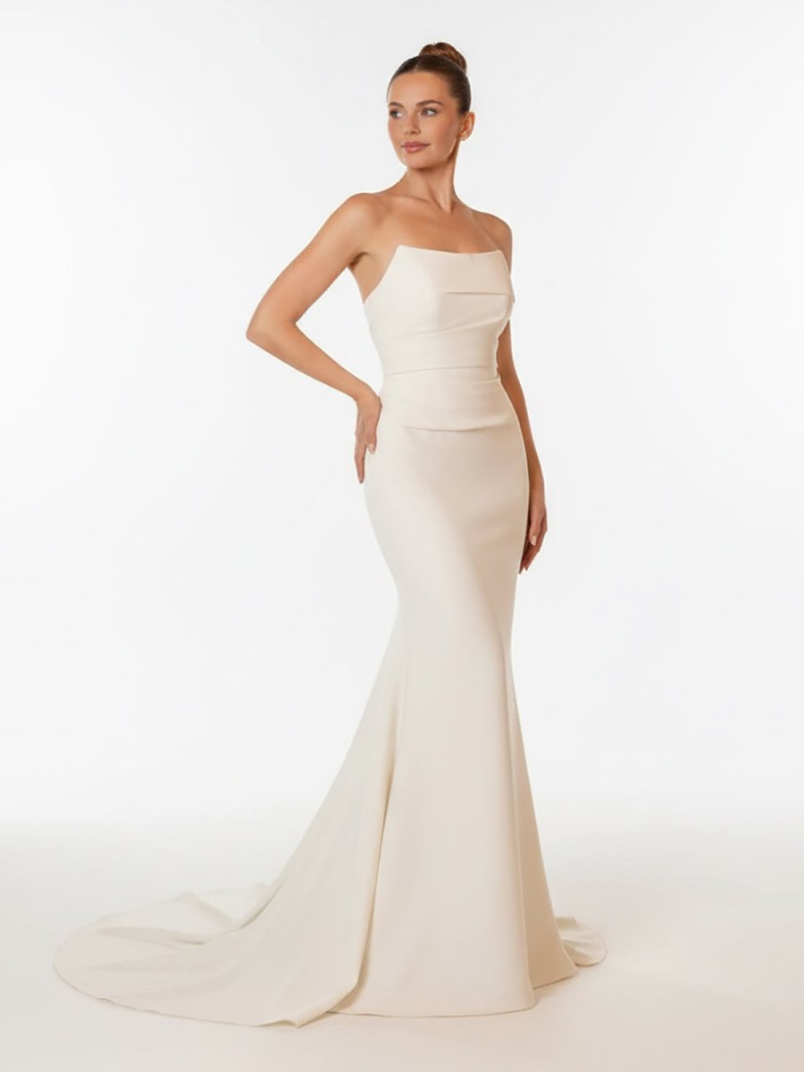 Elegant Mermaid Strapless Elastic Satin Wedding Dresses with Train - Curvevia