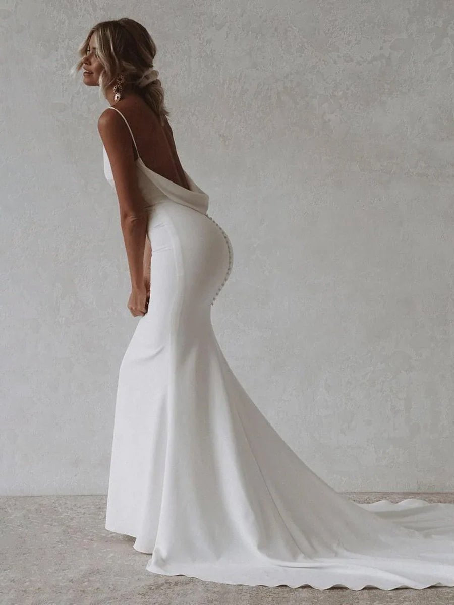 Elegant Mermaid V-Neck Elastic Satin Long Wedding Dresses - Curvevia