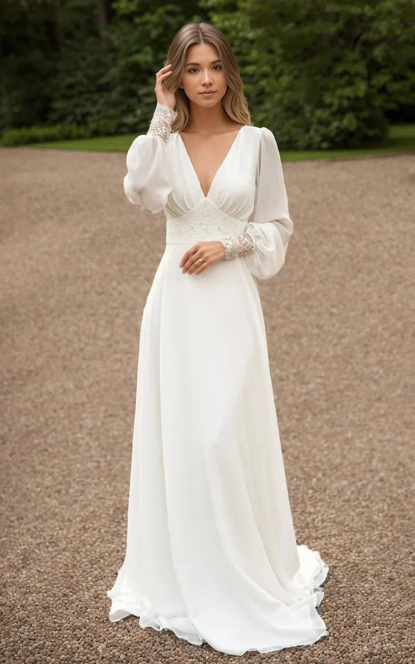 A-Line Floor Chiffon Long Sleeve Wedding Dress with Sequins and Train - Curvevia