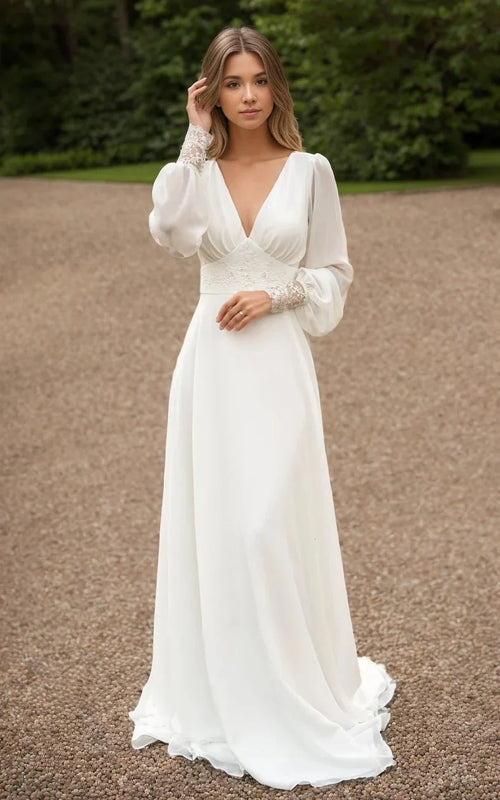 A-Line Floor Chiffon Long Sleeve Wedding Dress with Sequins and Train - Curvevia