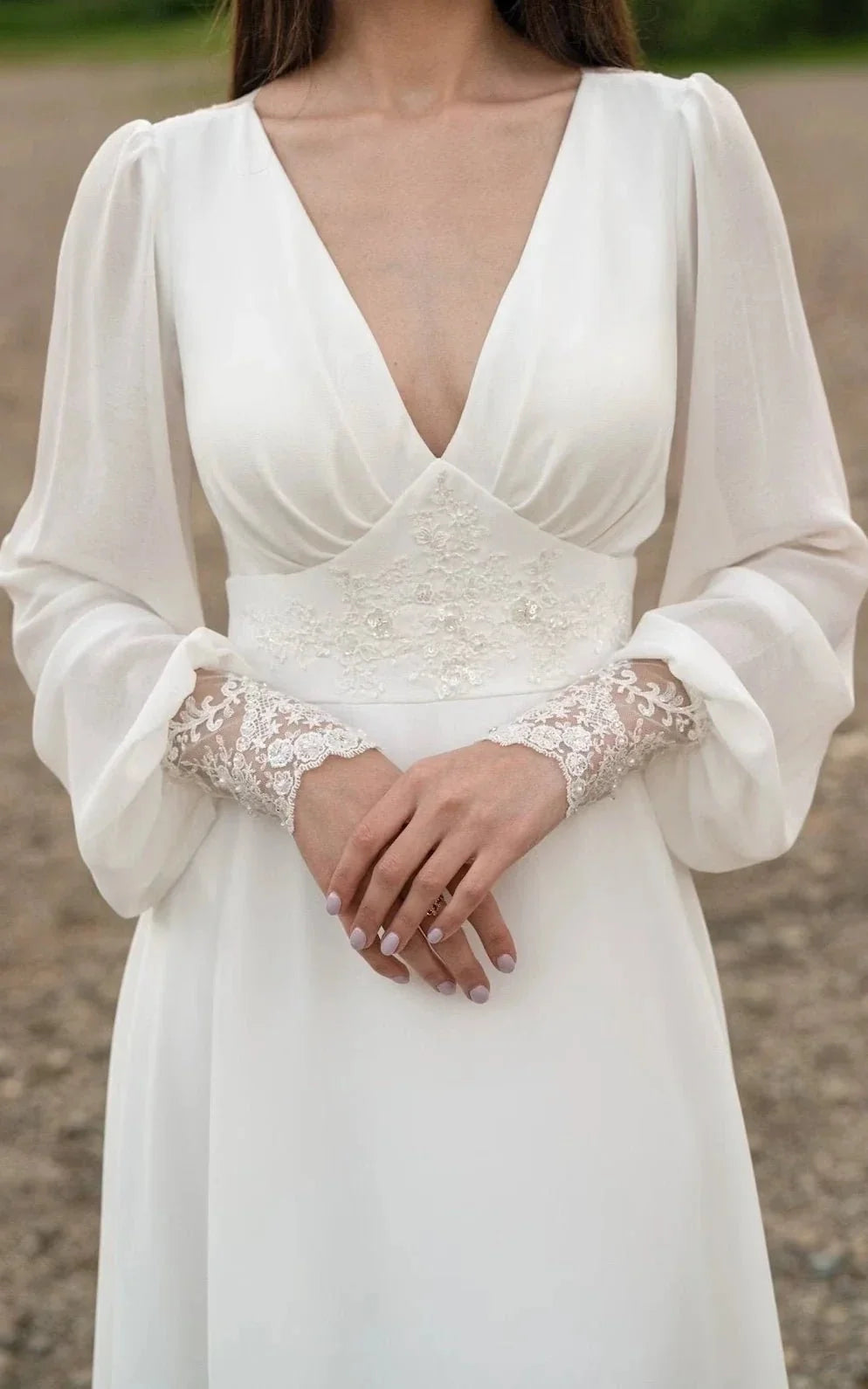 A-Line Floor Chiffon Long Sleeve Wedding Dress with Sequins and Train - Curvevia