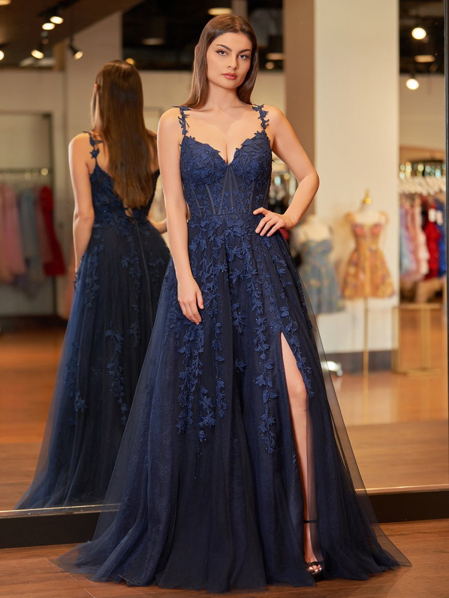 A-line V Neck Lace Tulle Evening Dress With Slit - Curvevia