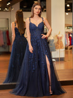 A-line V Neck Lace Tulle Evening Dress With Slit - Curvevia