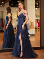 A-line V Neck Lace Tulle Evening Dress With Slit - Curvevia