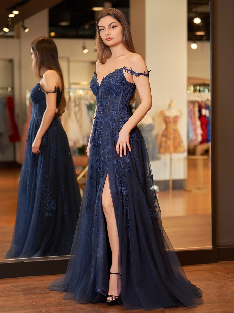 A-line V Neck Lace Tulle Evening Dress With Slit - Curvevia
