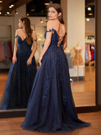 A-line V Neck Lace Tulle Evening Dress With Slit - Curvevia