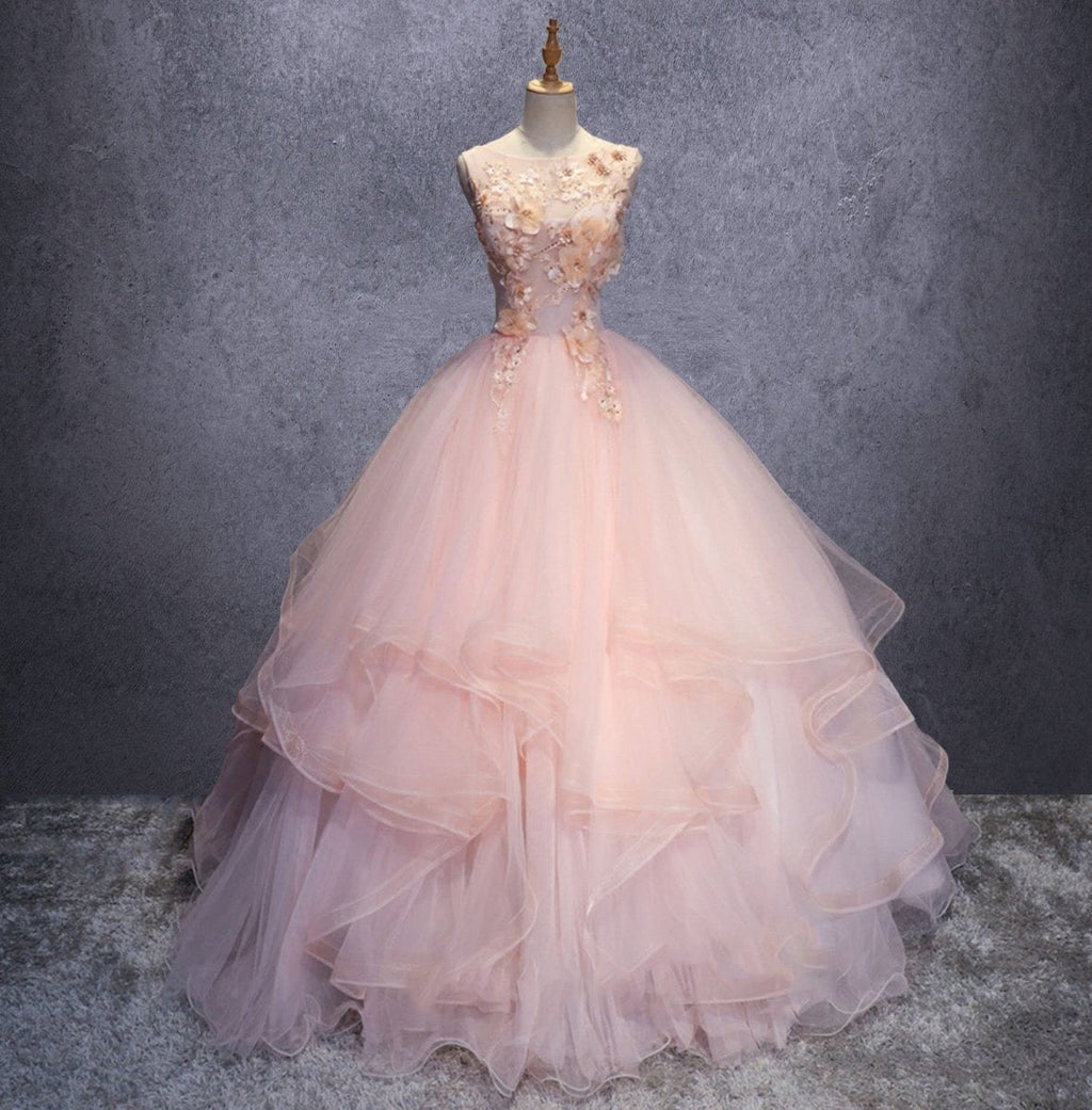 Pink A Line Organza Floor-Length Prom Dress with Appliqued - Curvevia