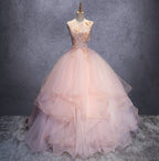Pink A Line Organza Floor-Length Prom Dress with Appliqued - Curvevia
