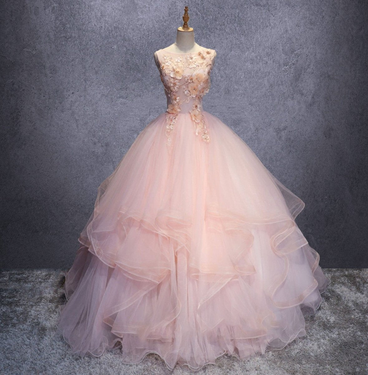 Pink A Line Organza Floor-Length Prom Dress with Appliqued - Curvevia