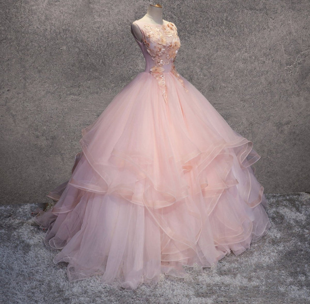 Pink A Line Organza Floor-Length Prom Dress with Appliqued - Curvevia