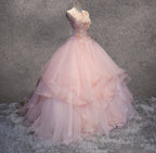 Pink A Line Organza Floor-Length Prom Dress with Appliqued - Curvevia