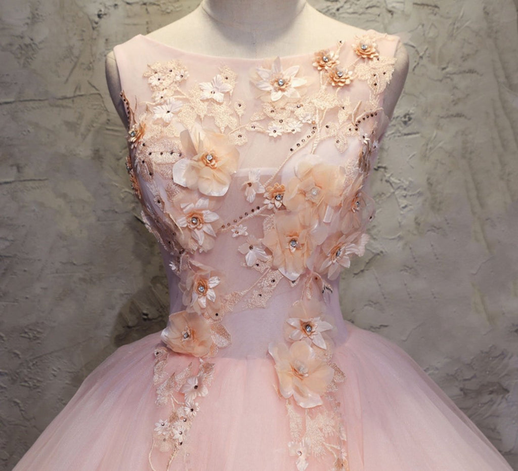 Pink A Line Organza Floor-Length Prom Dress with Appliqued - Curvevia