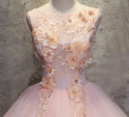Pink A Line Organza Floor-Length Prom Dress with Appliqued - Curvevia