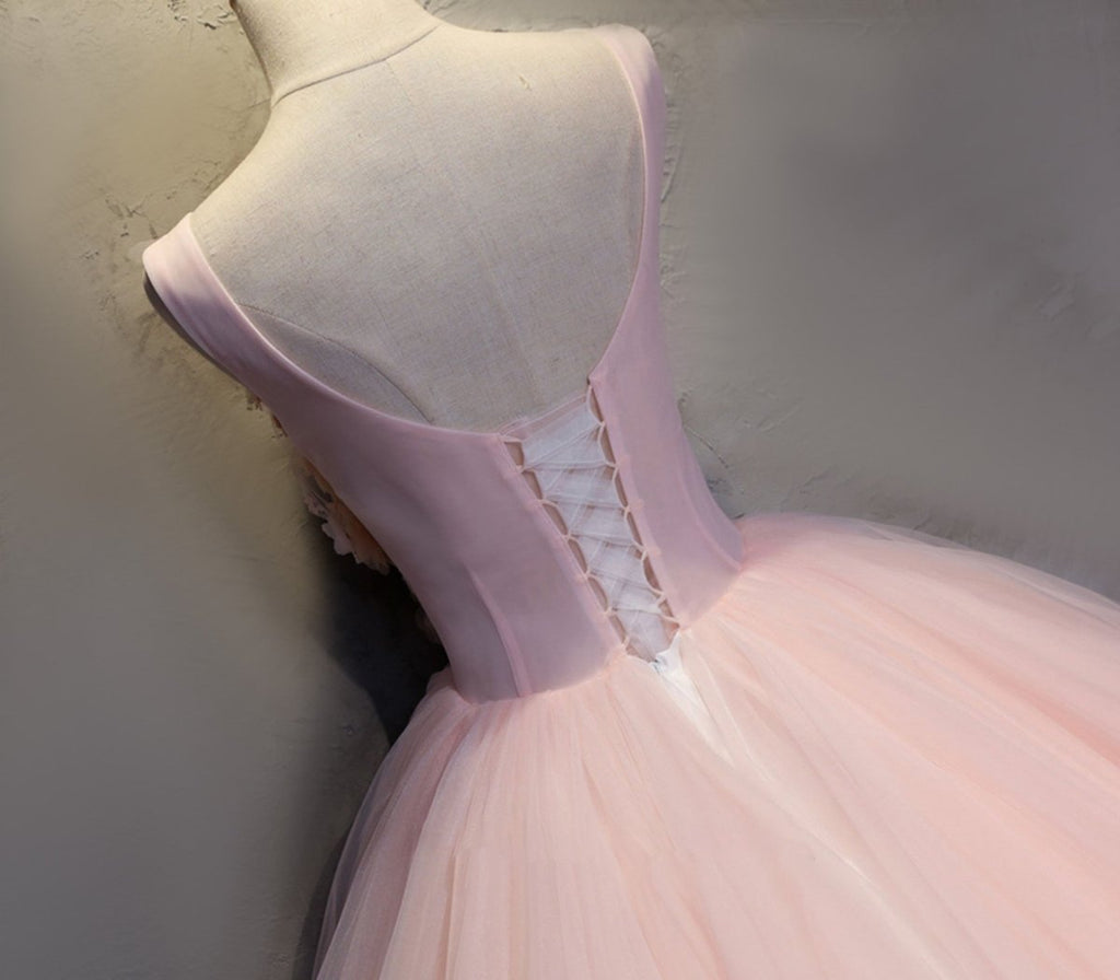 Pink A Line Organza Floor-Length Prom Dress with Appliqued - Curvevia