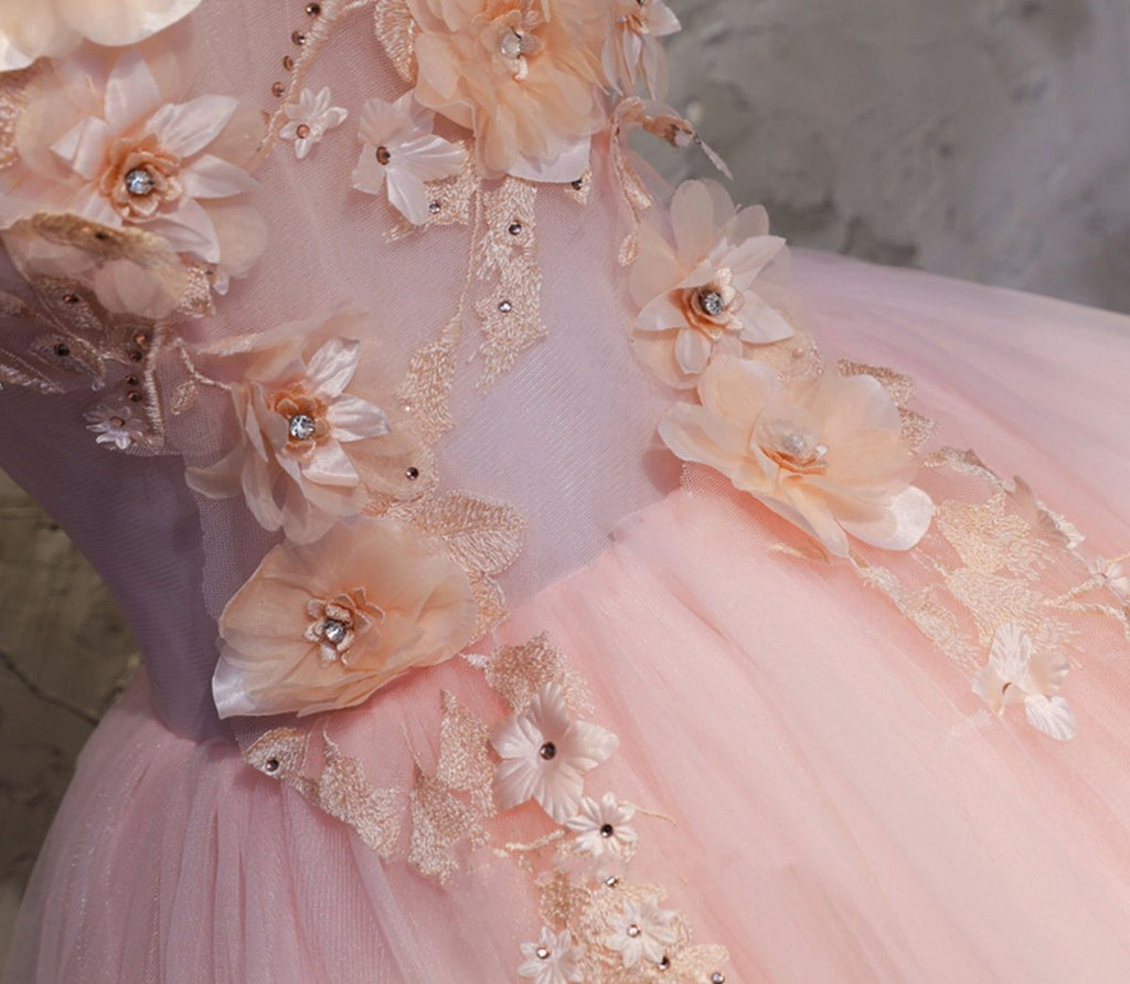 Pink A Line Organza Floor-Length Prom Dress with Appliqued - Curvevia