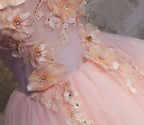 Pink A Line Organza Floor-Length Prom Dress with Appliqued - Curvevia
