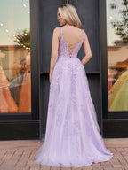 A-line V Neck Lace Tulle Evening Dress With Slit - Curvevia