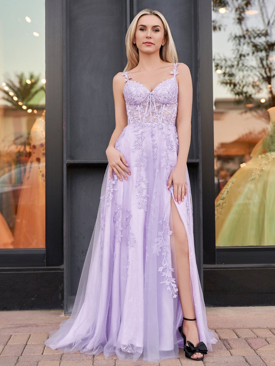 A-line V Neck Lace Tulle Evening Dress With Slit - Curvevia