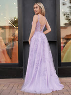 A-line V Neck Lace Tulle Evening Dress With Slit - Curvevia