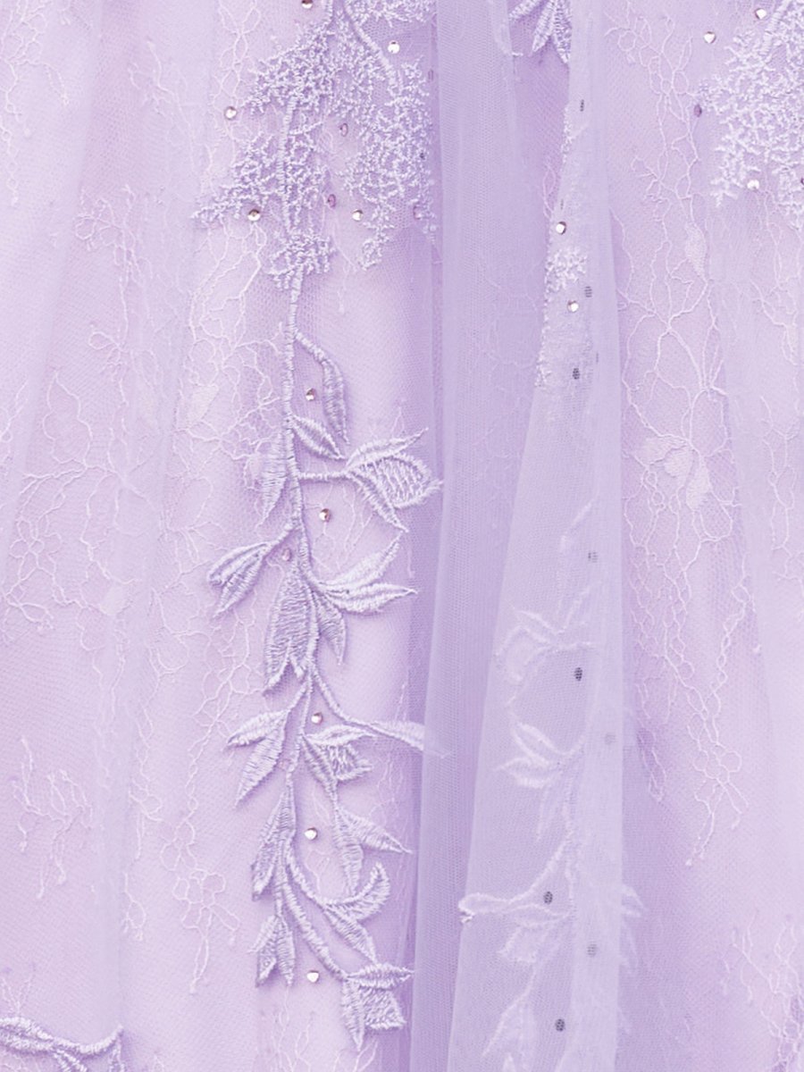 A-line V Neck Lace Tulle Evening Dress With Slit - Curvevia