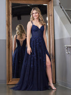A-line V Neck Lace Tulle Evening Dress With Slit - Curvevia