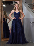 A-line V Neck Lace Tulle Evening Dress With Slit - Curvevia