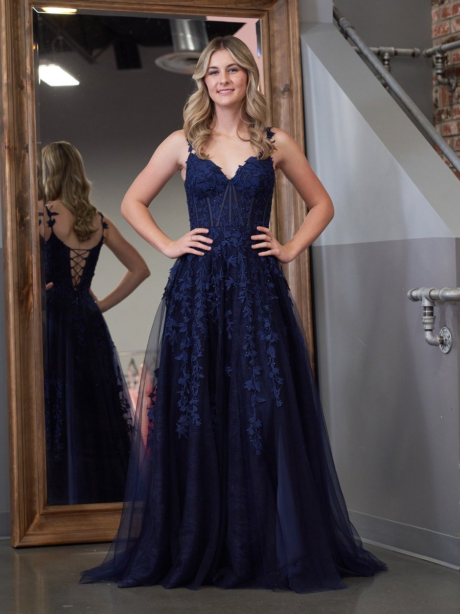 A-line V Neck Lace Tulle Evening Dress With Slit - Curvevia