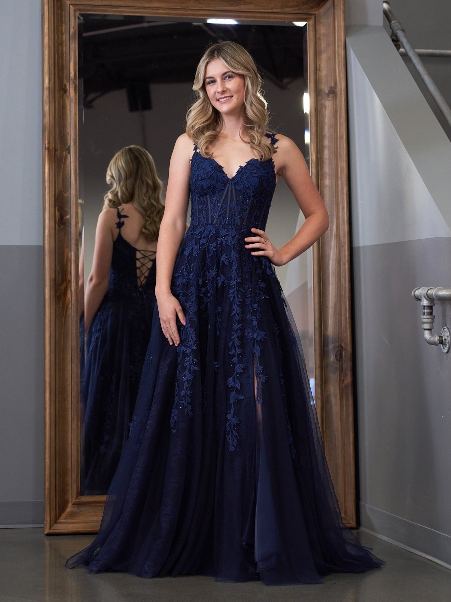A-line V Neck Lace Tulle Evening Dress With Slit - Curvevia