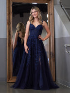 A-line V Neck Lace Tulle Evening Dress With Slit - Curvevia