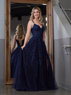 A-line V Neck Lace Tulle Evening Dress With Slit - Curvevia