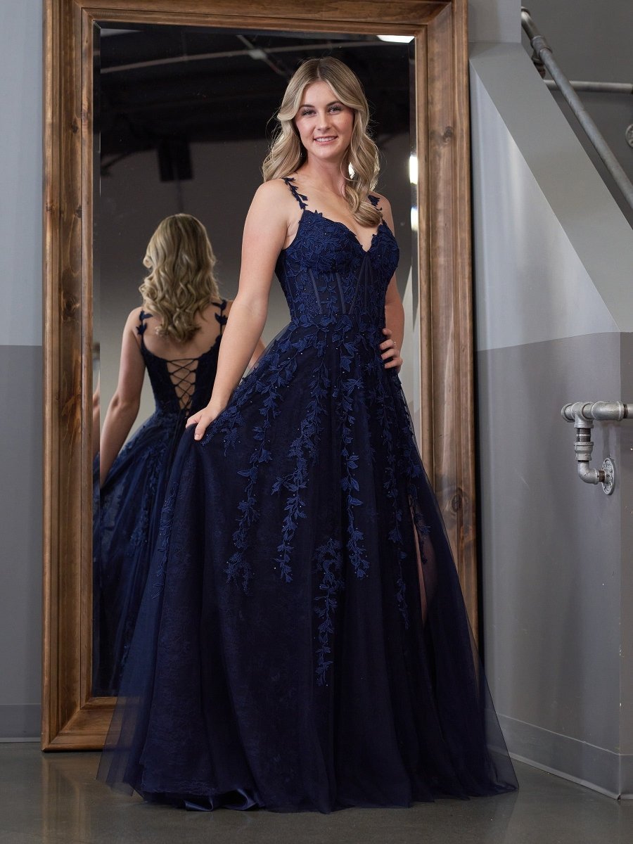 A-line V Neck Lace Tulle Evening Dress With Slit - Curvevia