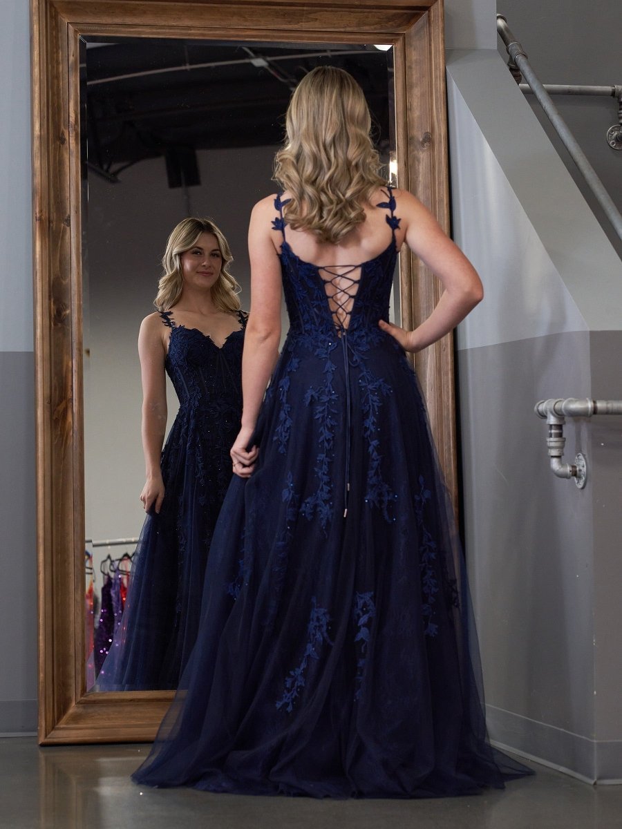 A-line V Neck Lace Tulle Evening Dress With Slit - Curvevia