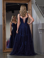A-line V Neck Lace Tulle Evening Dress With Slit - Curvevia