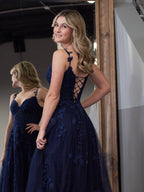 A-line V Neck Lace Tulle Evening Dress With Slit - Curvevia
