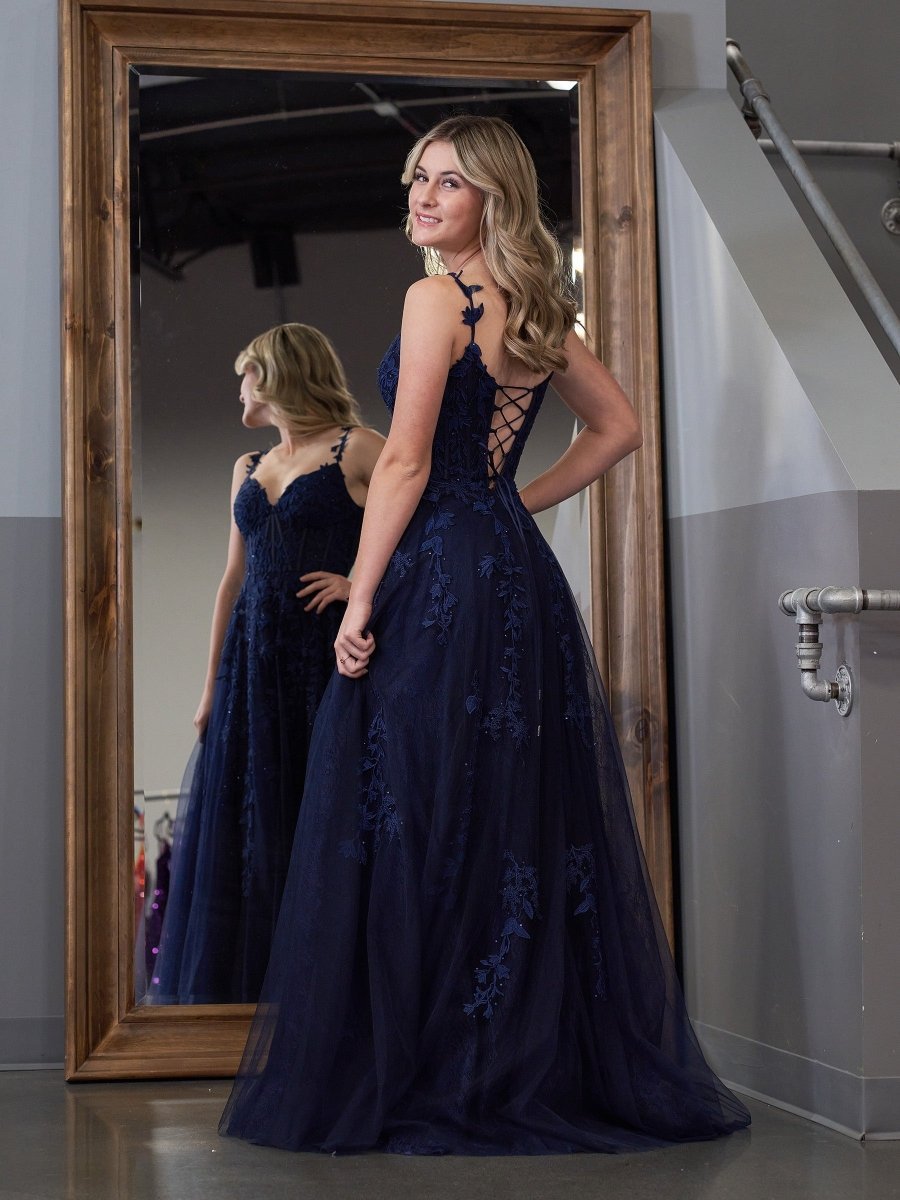 A-line V Neck Lace Tulle Evening Dress With Slit - Curvevia