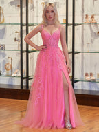 A-line V Neck Lace Tulle Evening Dress With Slit - Curvevia